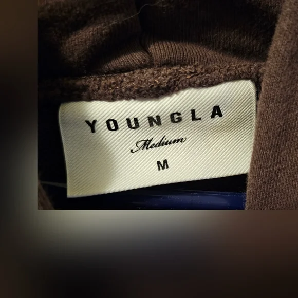 YOUNGLA Brown Embroidered Logo Bling Hoodie Pullover Men's Size M - Picture 3 of 9